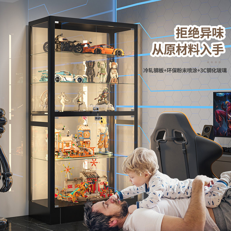 手办展示柜家用钢制收纳防尘乐高透明玻璃柜带灯模型玩具柜收藏柜