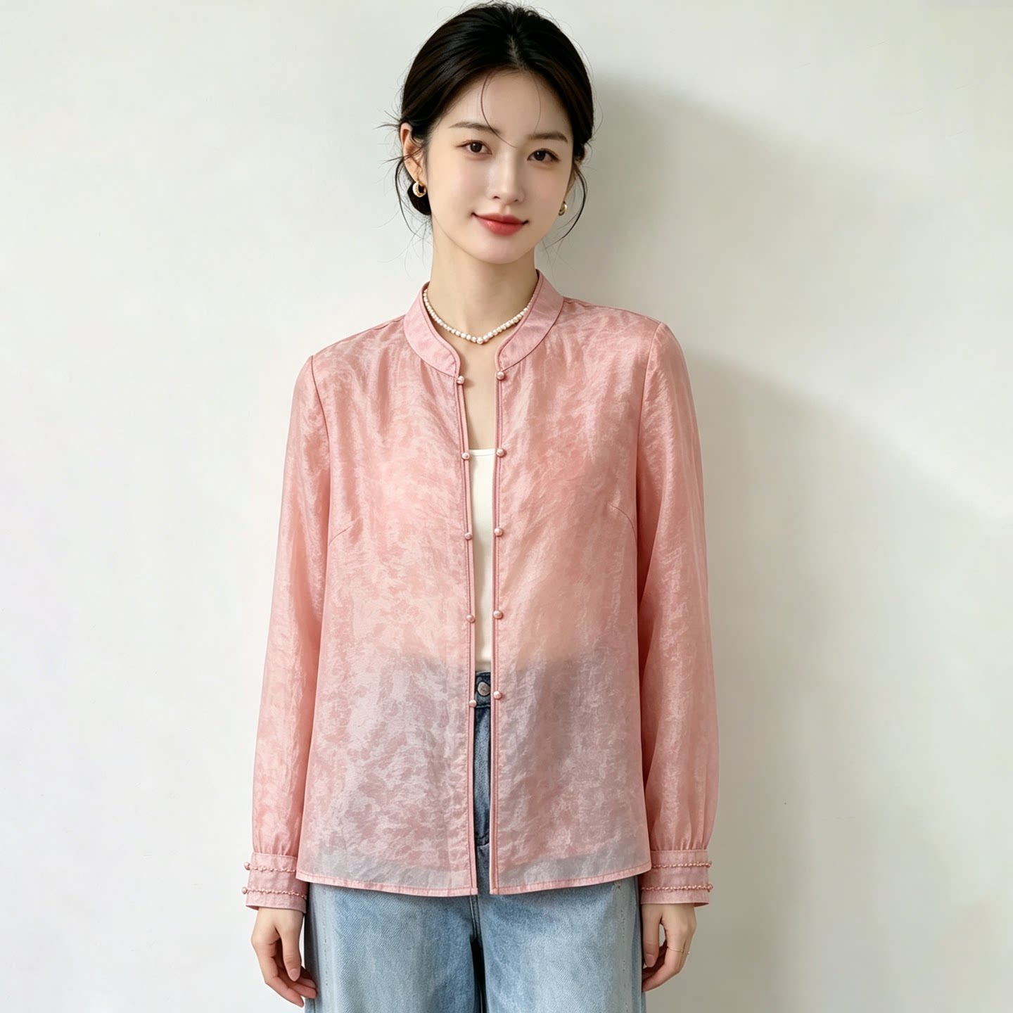 法式立领粉色衬衫女长袖显瘦百搭