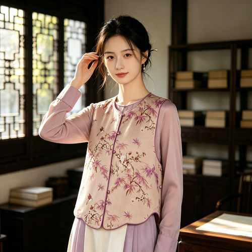 春季新中式侧开叉两面穿锦马甲女