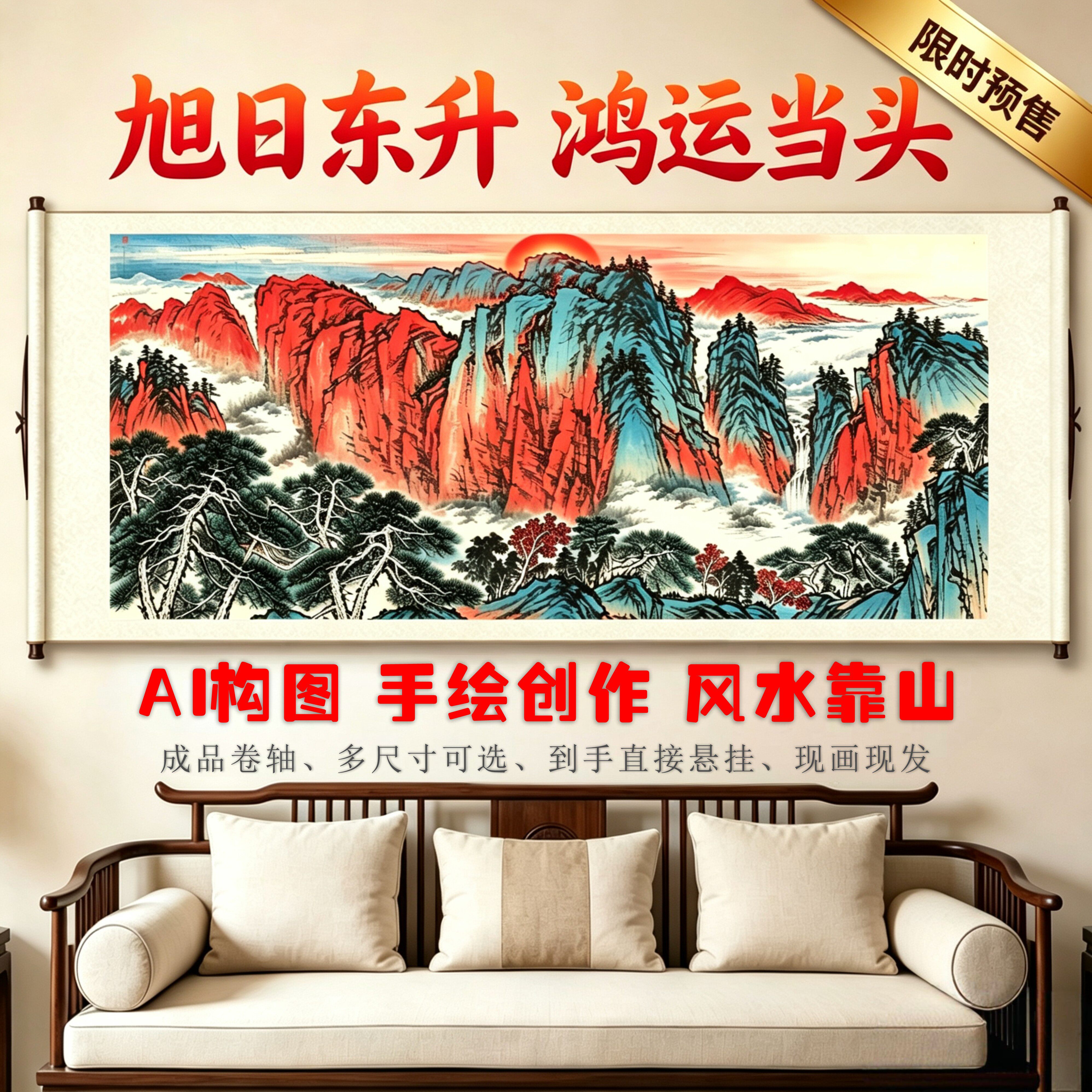 旭日东升山水画手绘国画靠山图客厅沙发背景墙卷轴挂画办公室招财