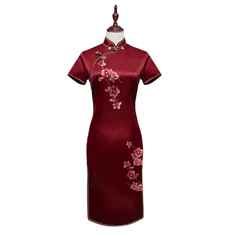 红色绣花醋酸缎布料进口 喜妈妈伴娘酒红色服装定制刺绣旗袍面料