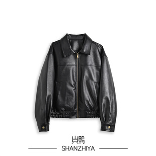 山只鸭/SZY pu皮外套女高级感宽松机车短款皮衣