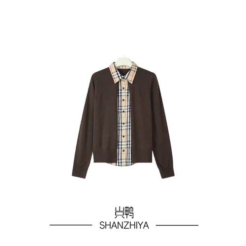 山只鸭/SZY 设计感假两件条纹衬衫拼接长袖翻领上衣针织开衫