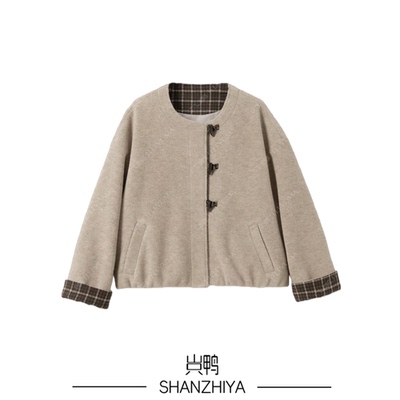 山只鸭/SZY 款韩版牛角扣毛呢外套小个子设计感宽松显瘦百搭短外