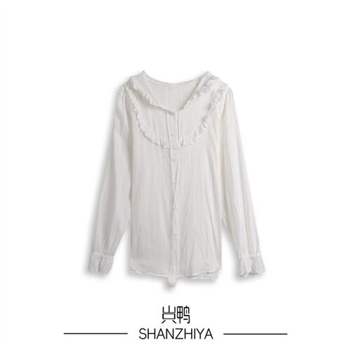 山只鸭/SZY 设计感木耳边连帽长袖衬衫女上衣HH