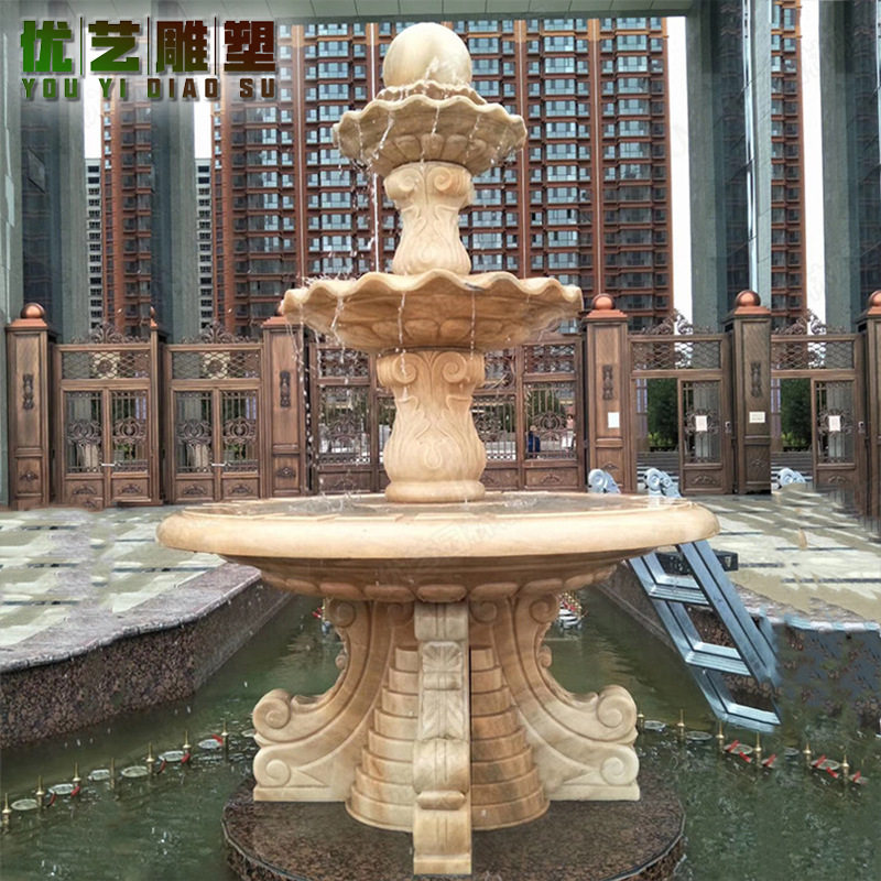 定制安装三层晚霞红大理石水转球喷泉 户外花园别墅水景石雕喷泉