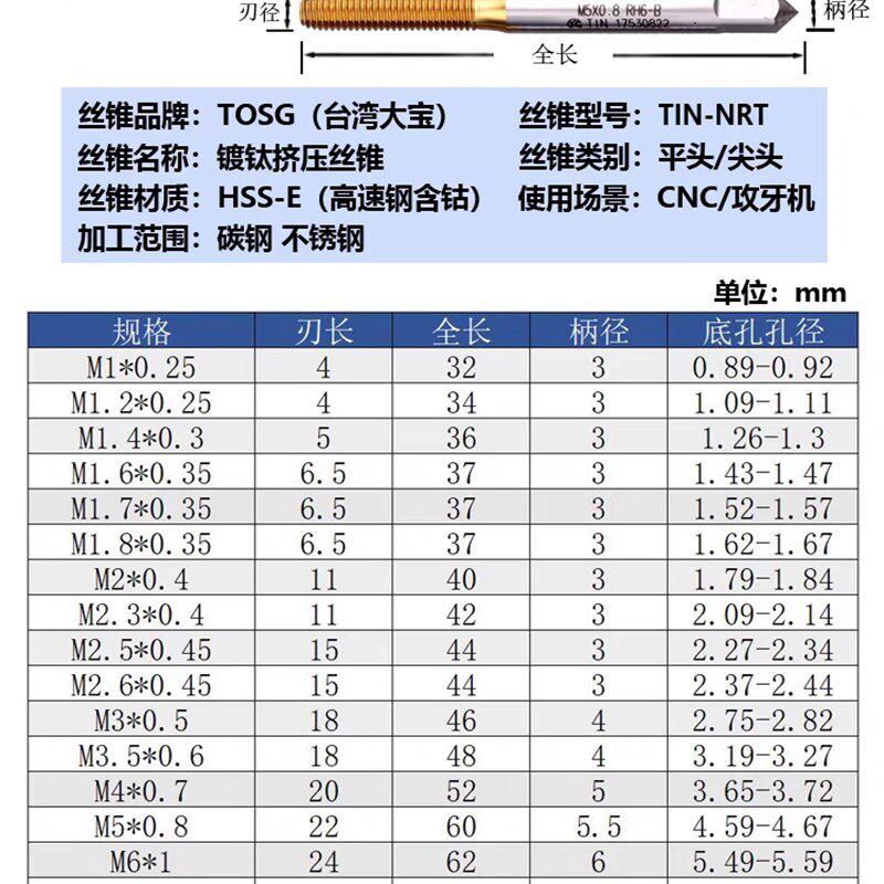 台湾大宝挤牙丝攻镀钛丝攻平头1/4-20/5/16-18  3/8-16/m10
