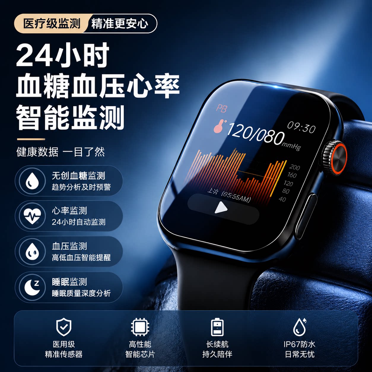 测血糖血压心率血脂尿酸智能手表