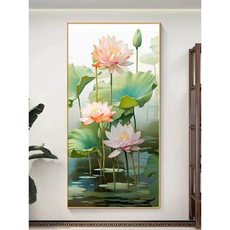 新中式荷花图玄关挂画和气生财莲花正对门壁画竖版2025新款装饰画