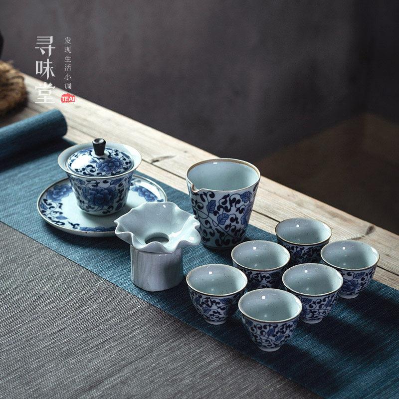 青花禅莲茶具套组｜复古陶瓷茶器套装缠枝莲青花陶家用功夫茶具