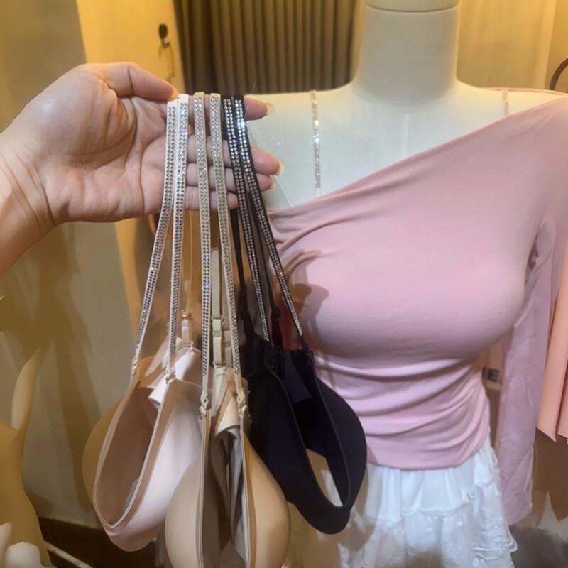 无钢圈内衣女小胸聚拢斜肩内搭闪钻细肩带交叉露背无痕美背文胸罩