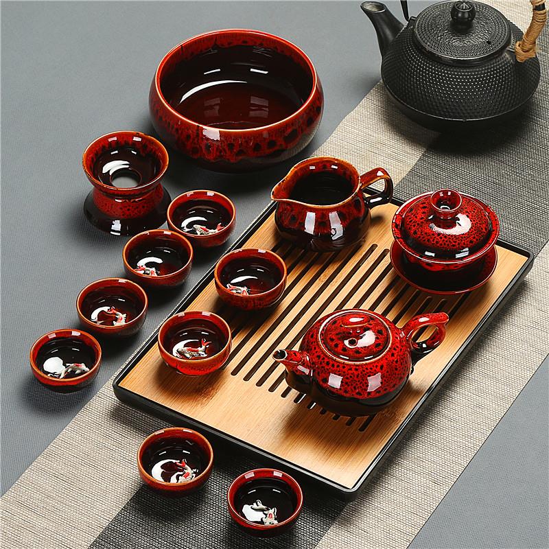 2026新款景德镇陶瓷功夫茶具套组浮雕鱼茶杯茶壶盖碗茶洗茶盘