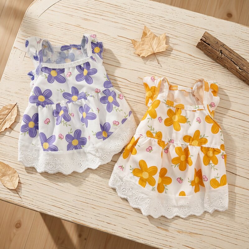 飞袖碎花蕾丝花边公主裙春夏款宠物狗狗猫咪衣服裙子泰迪博美比熊