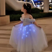 送灯带发光夏季 女童艾莎公主裙大钻吊坠儿童生日学校毕业典礼服装