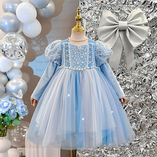 轻奢小众高端女童爱莎公主连衣裙秋冬加绒儿童生日蓬蓬纱礼服圣诞