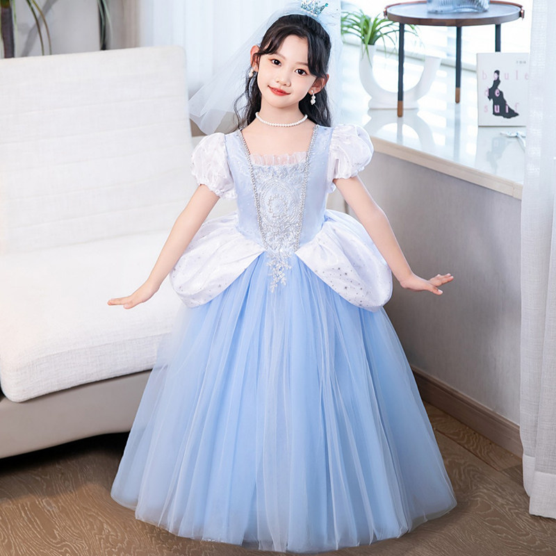 万圣节高端女童灰姑娘公主裙生日儿童冰雪奇缘爱莎泡泡袖网纱礼服
