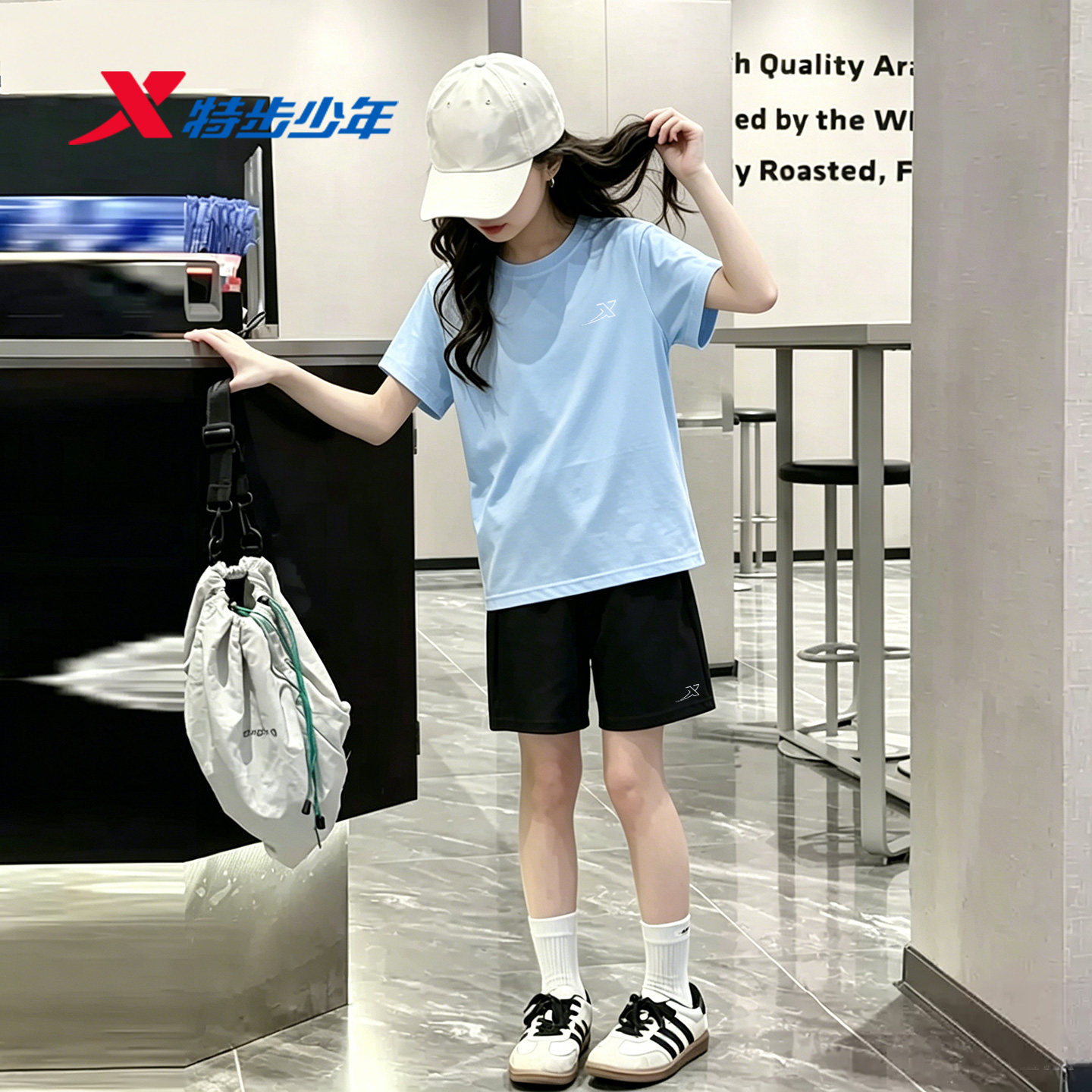 特步女童套装2026夏季儿童冰丝速干短袖短裤初中生运动透气两件套图片