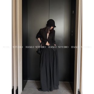 hanlu studioss26定制棉感格纹蕾丝三角腰头解构设计花苞半裙黑