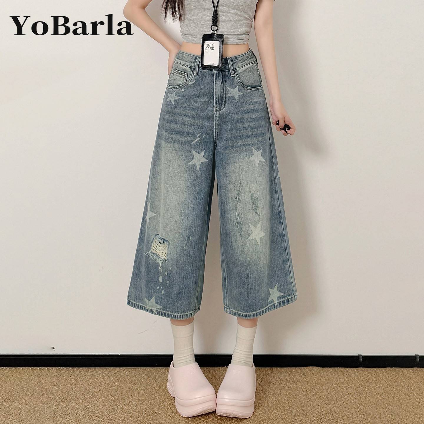 美式星星破洞七分裤女夏新款大尺码胖mm梨型身材宽松显瘦阔腿牛仔