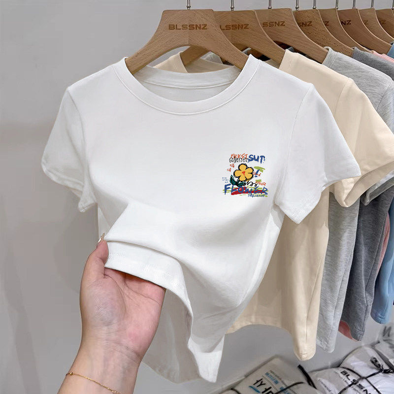 纯棉正肩短袖t恤女夏2026新款内搭半袖白色打底高腰显瘦短款上衣