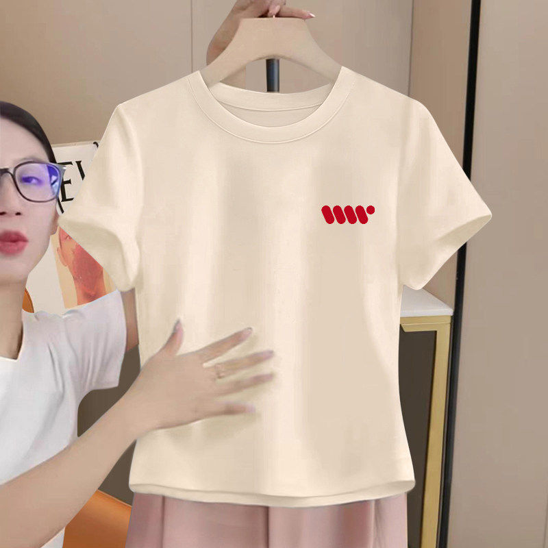 2026年新款正肩短袖t恤女夏季设计感小众修身纯棉短款奶油色上衣