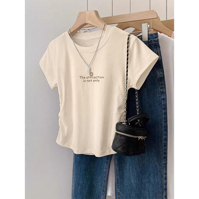 美式纯棉短袖正肩t恤女夏季新款显瘦修身辣妹设计感小众短款上衣