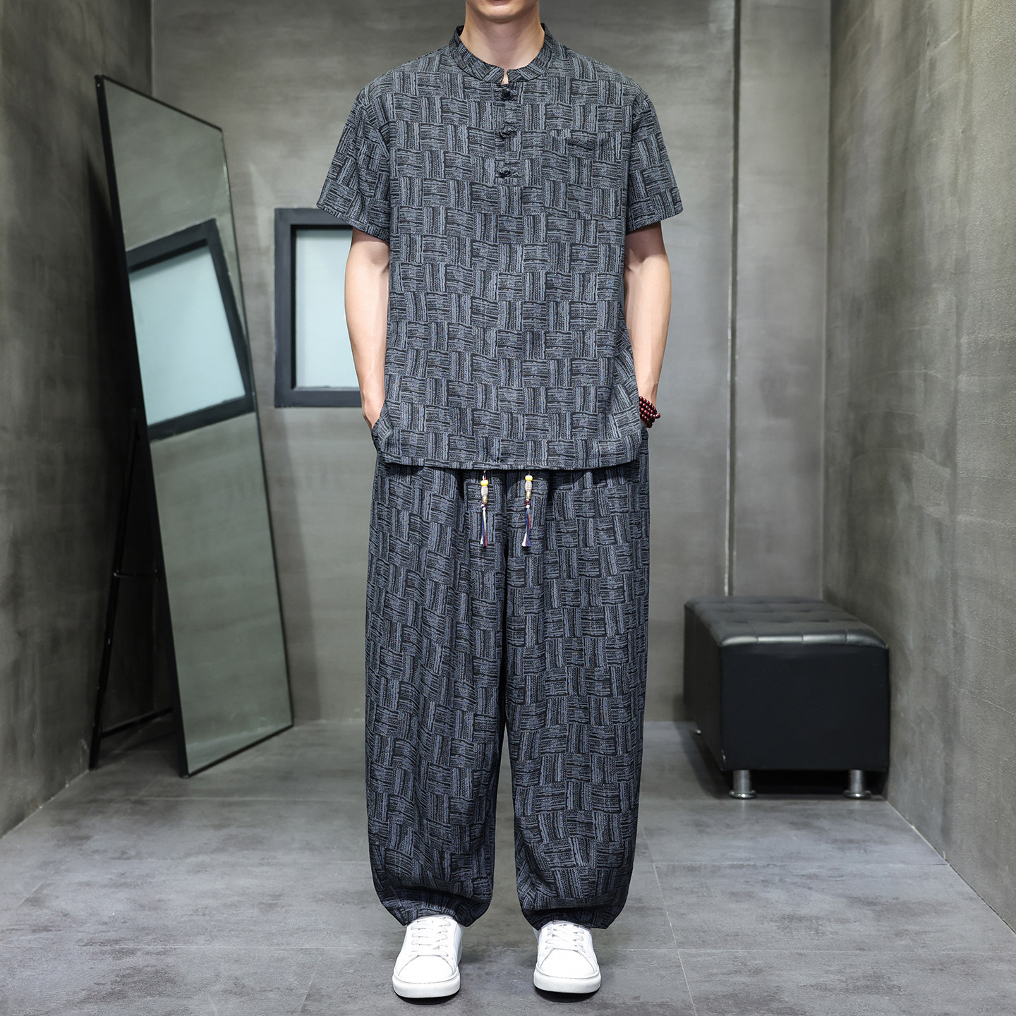 男士运动套装2026新款冰丝短袖T恤新中式唐装男款高端格子上衣夏
