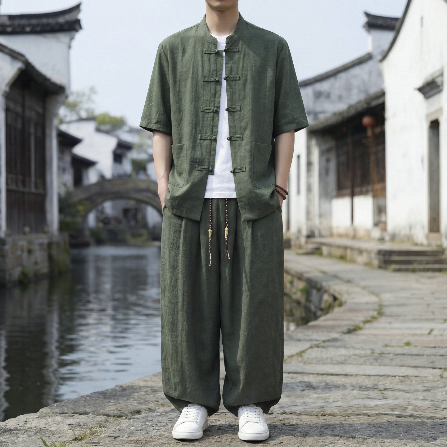 新中式唐装男款冰丝短袖衬衫男夏薄款宽松立领男士衬衣休闲套装男