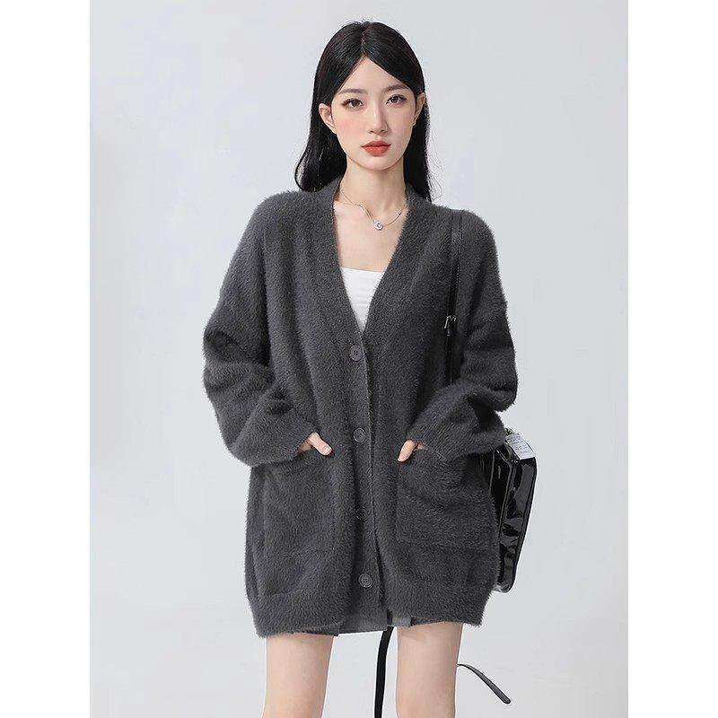 HXUUGEMUL领 深灰色马海毛针织开衫毛衣慵女水貂毛宽松V懒风搭外,个性定制/设计服务/DIY,毛衣加工定制,淘宝优惠券,粉丝福利购,淘宝优惠卷