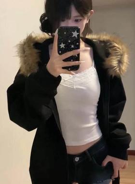 美式复古毛衫领拉链开连帽NZL外季套女秋新款设瘦计感百搭宽松显