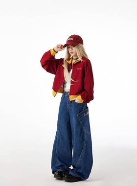 KOIISE衣复古ZRK拼色短款开衫L卫外套女秋休闲立领季修身棒球服上