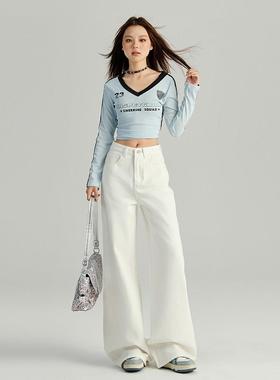 白色腿牛仔裤女春秋2025新高腰款垂C249271阔感宽松显瘦裤拖地直
