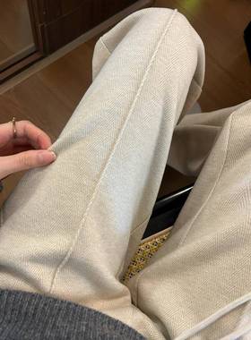 0加绒版阔CMP腿裤女225窄新款秋冬季垂感高裤腰羊毛呢人字纹直筒