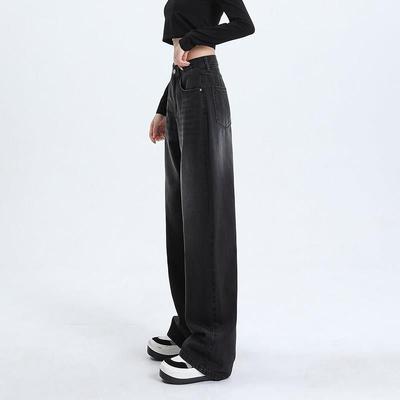 BWKA黑灰色阔腿绒牛仔W-N11039裤女秋冬裤高宽松休加闲直筒垂腰感