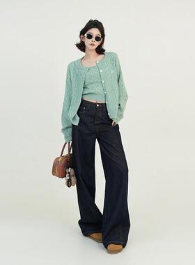 吴童童IER蓝色高腰筒瘦牛直仔裤女秋冬新款韩系百显阔腿拖地搭长