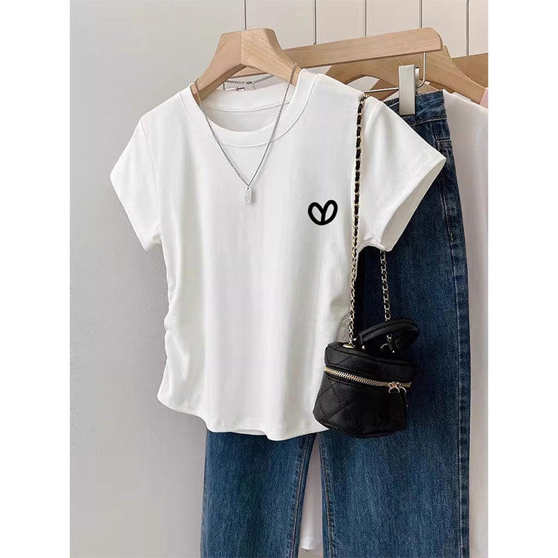 正肩短袖t恤女夏季新款白色纯棉半袖修身显瘦设计感小众褶皱上衣