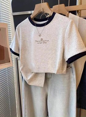 2026夏季新款正肩灰色短袖t恤女洋气显瘦宽松百搭半袖小衫上衣潮
