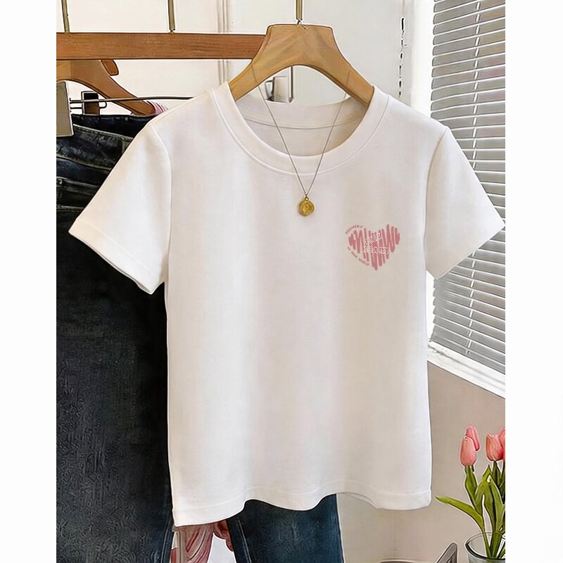 棉质白色短袖t恤女夏季2026新款心形印花修身显瘦短款上衣打底衫