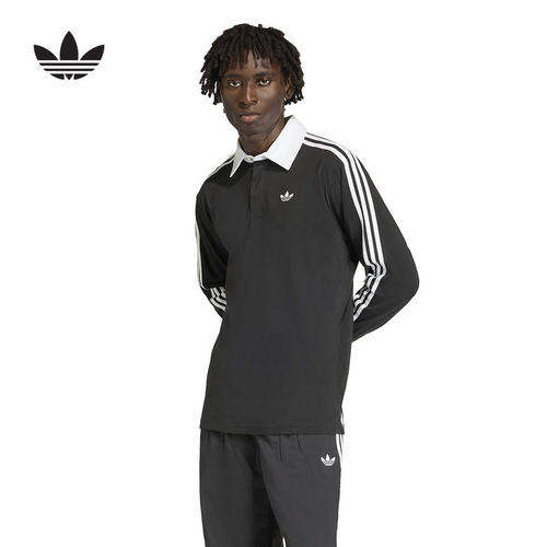 adidas阿迪达斯三叶草春男棉质橄榄球风休闲宽松长袖POLO衫KE3576