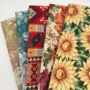 加厚提花布料民族风莫奈油画元素沙发窗帘桌布面料美式乡村风棉麻