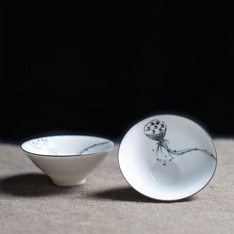 手绘莲蓬斗笠杯陶瓷茶杯 墨彩手绘斗笠主人杯