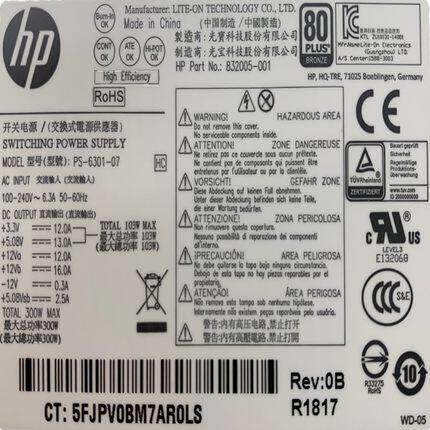 惠普 桌上型电脑300W电源PS-6301-07 832005-001显卡6+8针接口80