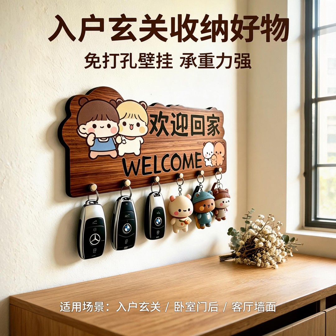 一二布布玄关钥匙收纳架免打孔入户墙上门口挂钩挂架线条小狗YY