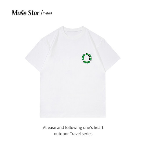 MUSESTAR美式简约印花短袖T恤男女圆领情侣白色体恤夏季新款