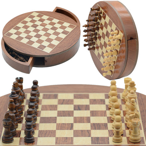 厂家供应圆形实木国际象棋磁性桌上游戏旋转抽屉棋盘便携收纳娱乐
