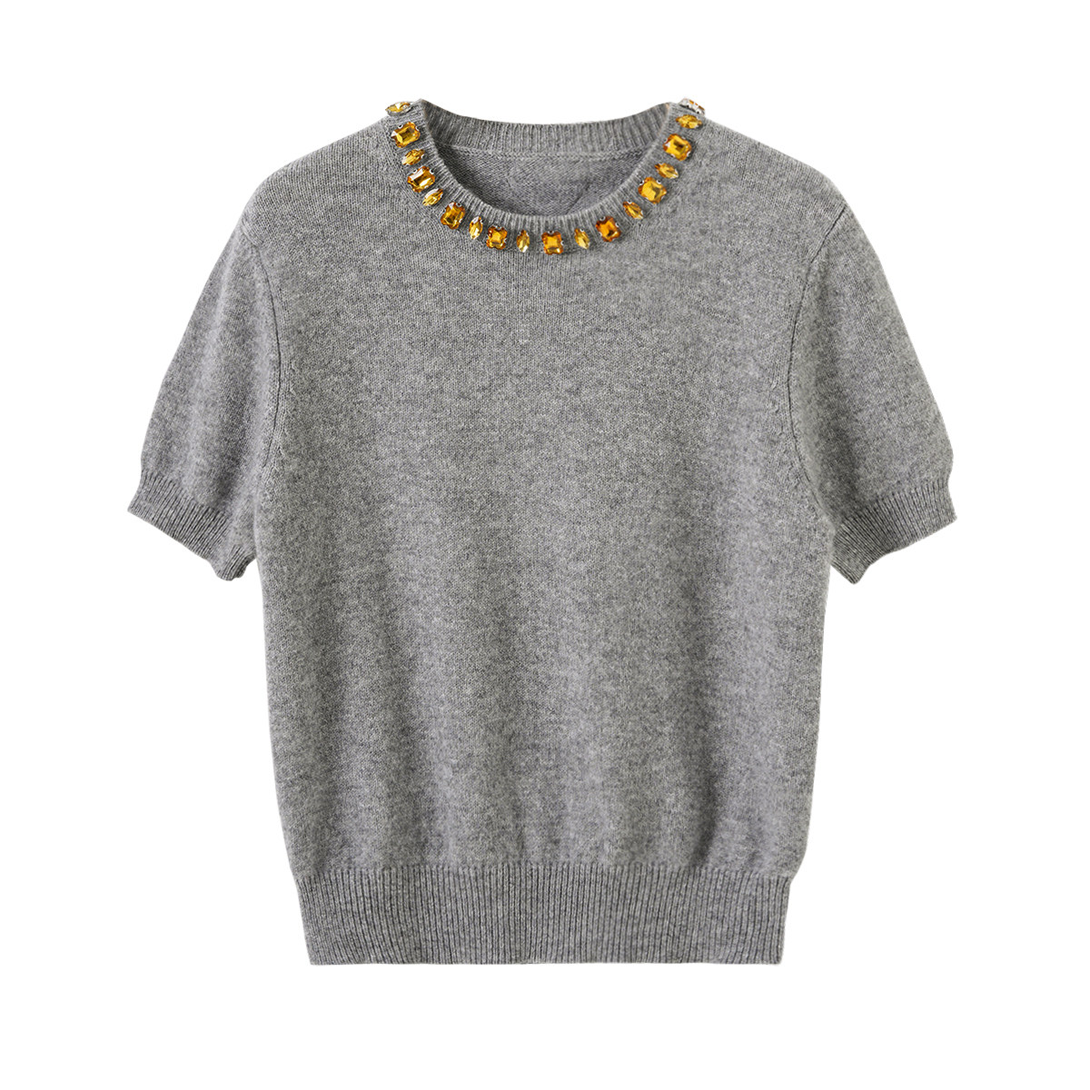 100%羊毛短袖针织衫领口彩色点钻装饰修身显瘦女T恤衫26明星同款,女装/女士精品,毛针织衫,淘宝优惠券,粉丝福利购,淘宝优惠卷