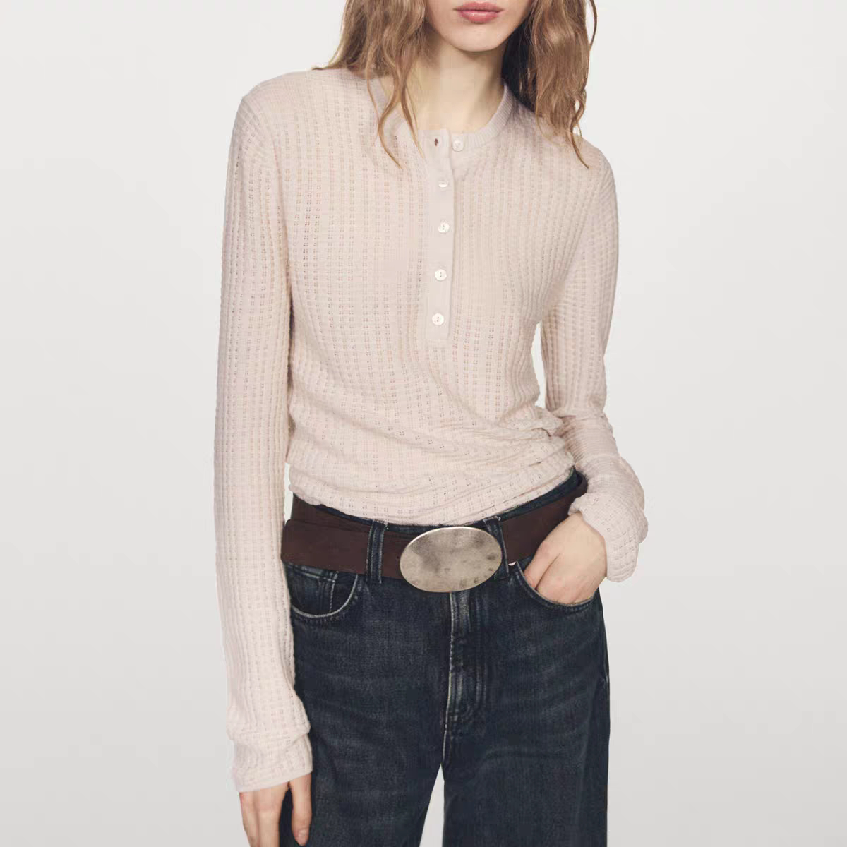 MD女装休闲慵懒老钱风镂空亨利领纯羊毛长袖针织衫女2026早春新款