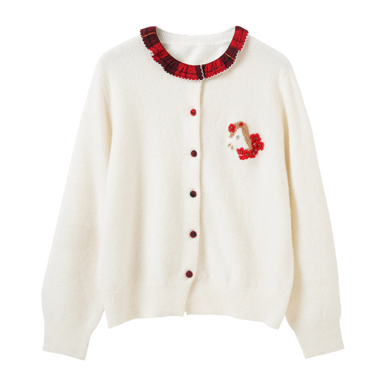 2026早春新款碎褶荷叶边领口小马提花彩扣针织衫长袖毛衣外套女,女装/女士精品,毛针织衫,淘宝优惠券,粉丝福利购,淘宝优惠卷