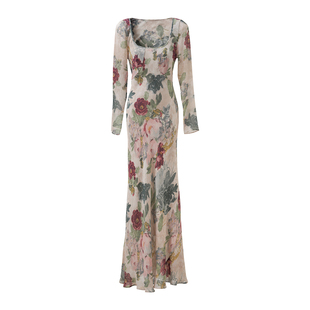 2026夏性感深V连衣裙波西米亚风长袖 印花连衣裙女两件套长裙 修身