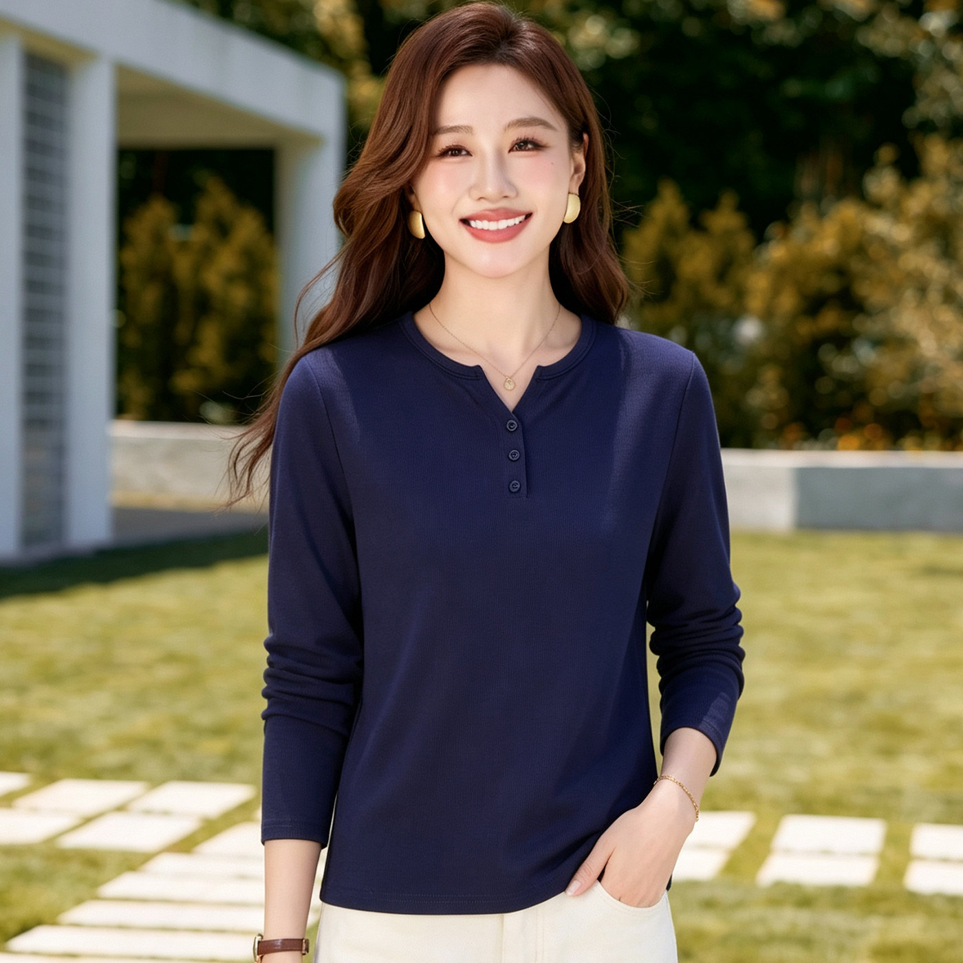 v领正肩长袖t恤女2026新款秋季